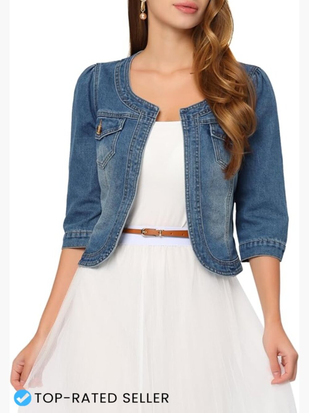 Denim Cardigan 3/4 Sleeve Collarless Jean Jacket Casual Chic Street Style